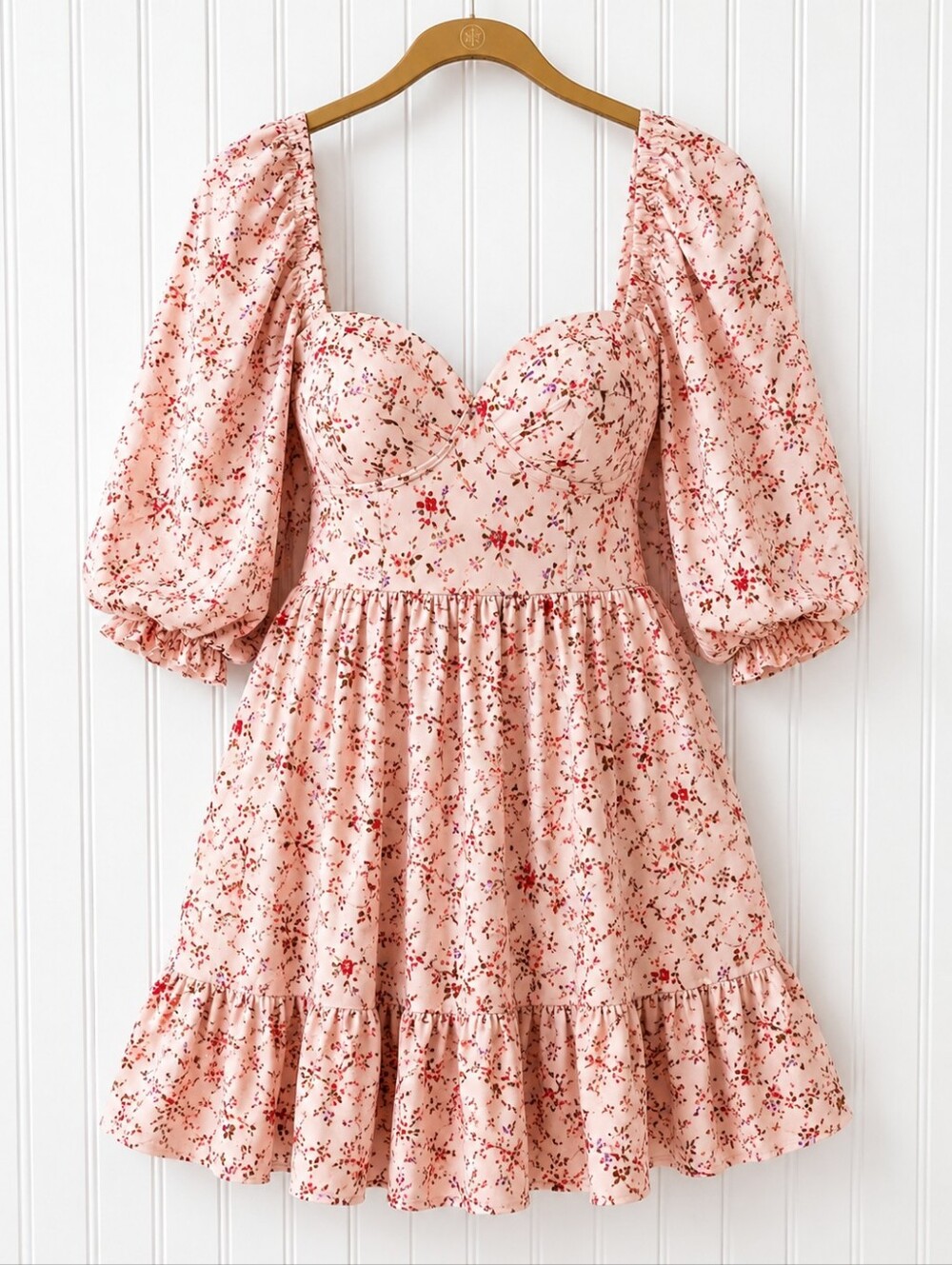 Inspired Hearts | Pink Floral Mini Dress Size Large | Puff Sleeve Babydoll Dress - Picture 5 of 8